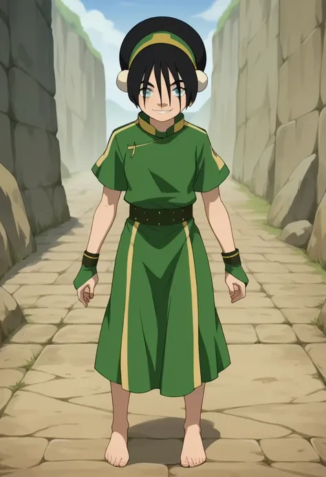 toph Beifong, ((masterpiece,best quality)), 1girl, solo, black hair, hairband, belt, short hair, short dress, blue eyes, hair bun, green hairband, blind, chinese clothes, hair bun, green dress, short sleeves, cowboy shot, pelvic curtain, smile,            ...