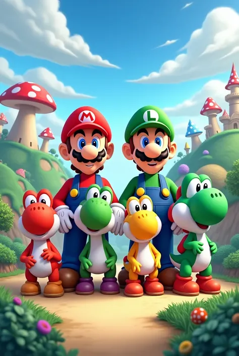 create a picture of mario and luigi, about six yoshi of different colors that are next to each other, in the order of the colors of the rainbow. In the background the mushroom world., The image must be in the following format 9:16