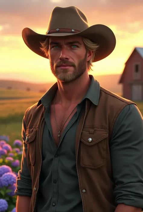 tall man, beautiful,blonde, blond beard,blue eyes,com chapeu de cowboy,in the background a farm at sunset with hydrangeas,undefined, undefined, undefined, undefined, undefined, 