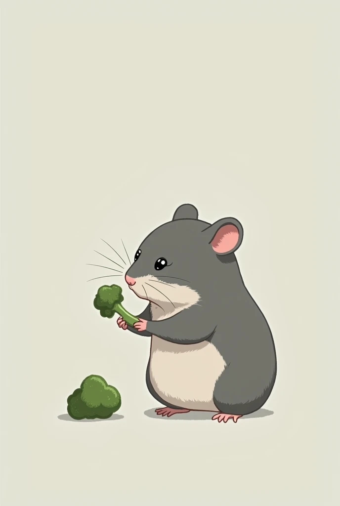 Imagine a small, round Russian hamster, with its front legs holding a small piece of green broccoli, His face might have an expression of concentration, with shining eyes as he comes. The silhouette could be simple, highlighting the shape of the hamster in...