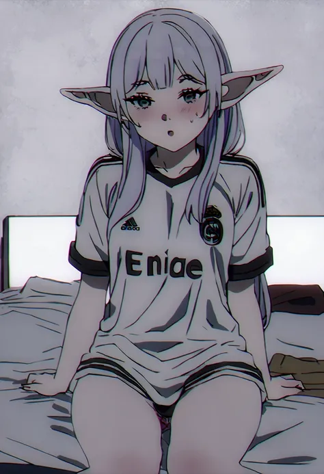 (best qualityer, work of art),sexually,  erotic, 18+, NSFW, 1 girl, 1 , dressed as the Real Madrid shirt, elf ear , 4k image quality , com medo 