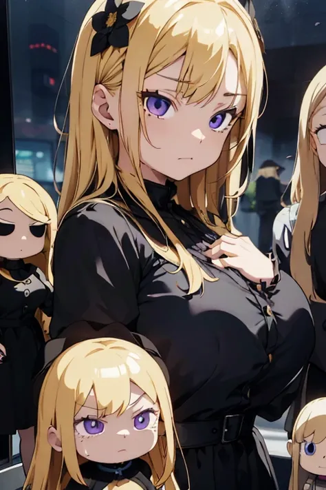 1 female, teenage girl, black long sleeve dress, blonde long hair, rosa cheeks, huge breast, doll store, sad face, girl, black flowers, sad dark sky, black nails, tears in her face, sadness