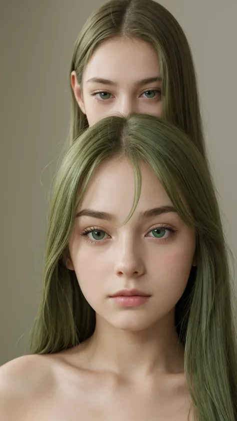 a girl. european. extremely detailed face. oval face. delicate features. half-closed eyes. green eyes. long, straight, very thick hair. green hair. rosy cheeks. collarbone. sad. shy. scared. looking straight