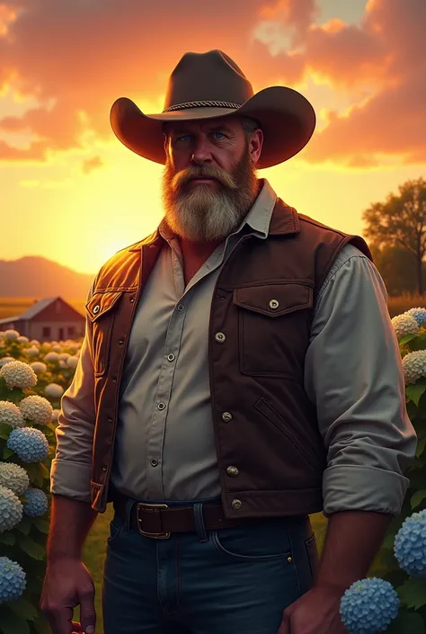 tall man, beautiful,blonde, barba loira,blue eyes,fat and stocky,com chapeu de cowboy,in the background a farm at sunset with hydrangeas,undefined, undefined, undefined, undefined, undefined, 