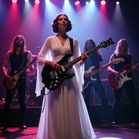 Princess Leia playing an electric guitar on stage with the original members of the band "Iron Maiden", backlit, best quality