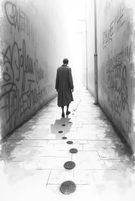 (best quality) (highly detailed) (pencil sketch) (black and white but more whitish) (graffiti) the steps of returning feet in the way hardly being seen