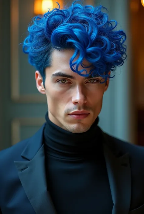 Create a handsome elegant man with curly hair dyed blue 