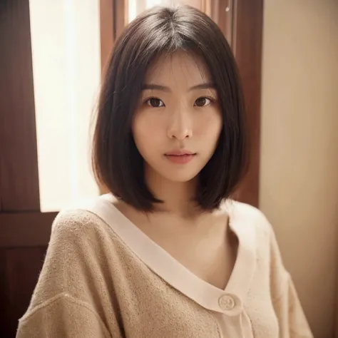 A hyper-realistic image of a single Japanese woman in her early 20s, captured with the nostalgic warmth and subtle graininess of a film camera. Her skin has a warm beige tone with a natural, slightly rough texture that includes visible pores, fine lines, a...