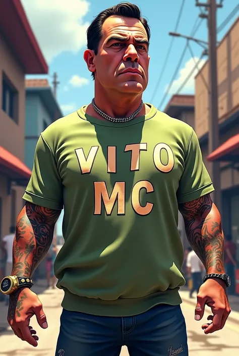 Bolsonaro White President , with tattoos, Robust constitution, wearing a sweatshirt with letters that say Vito Mc, GTA Gameplay Style, caricatured