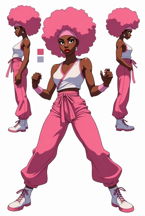 A  black female pink alfro headband and pink and white martial artist outfits suit tai chi 
body suit 80s anime character design sheet 