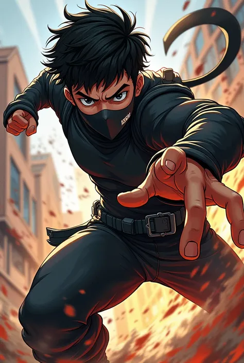 A young animated male superhero with covered face and black hair fighting like baki with black eyes 