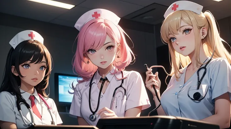 Masterpiece, ultra high quality anime style illustration, 8K, very beautiful 20 year old ((two female nurses)), ((two very beautiful girls)) ((playing a game happily)), (speedometer on a big monitor), ((holding a stethoscope)), colorful hair, colorful eyes...