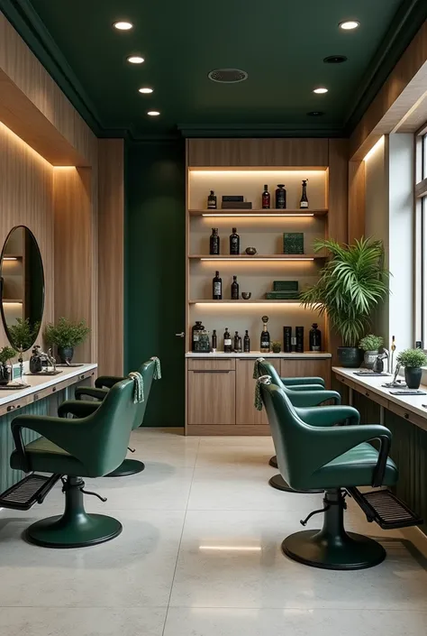 a modern barber shop in which the environment has light gray colors, wood and emerald green
