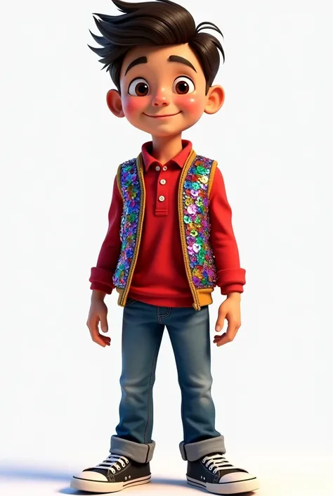 Animated boy standing in red long sleeve polo shirt, rainbow colored sequin closed vest , jeans and black sneakers