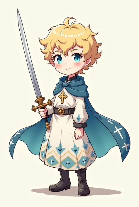 A cartoonish anime-style boy with white skin, curly blond hair, blue eyes, a long white cassock with a dark blue and white heart and crucifixes, and boots, a full body with a rapier.