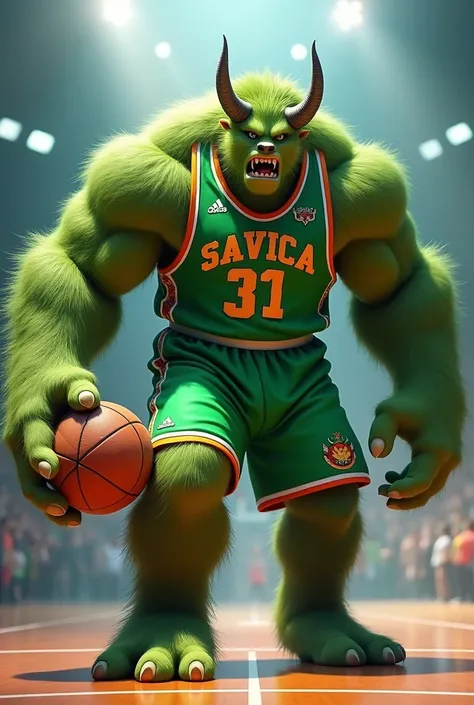 Big animated monster, hairy and green with horns and green basketball uniform that says savica