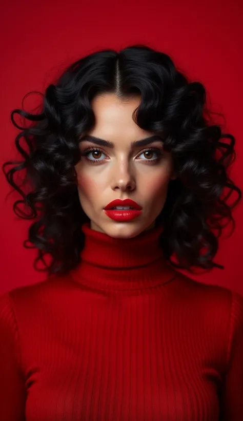 "A woman with dark, curly hair wearing a red turtleneck sweater, with red lipstick and a serious, direct gaze, against a red background."