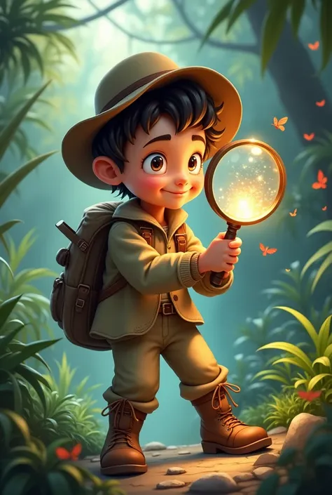 naughty boy with his magic magnifying glass, perhaps in an explorer pose.