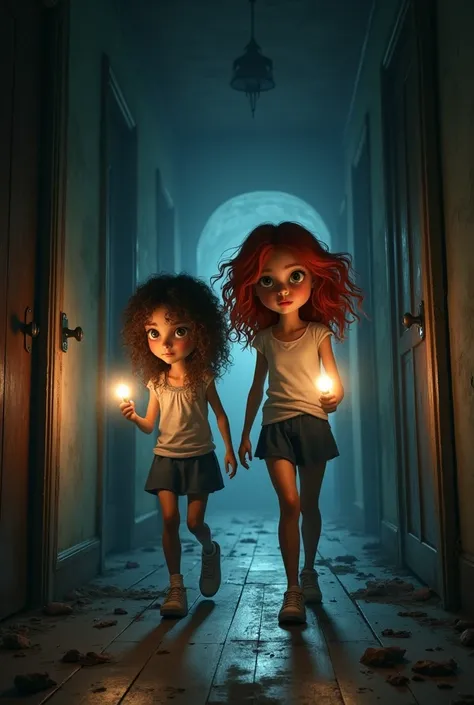 Create a scene of two girls, one with curly hair and the other with red hair, with flashlights in their hands, walking down a dark hallway with several doors in an old house.