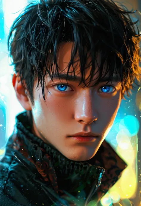 Close-up of a man&#39;s eyes、Sharp Eyes、blue eyes、Young Japanese man、close up of one eye、Dark Room、Cyberpunk、Photorealistic、2.5th Dimension、Male, around 30 years old、Images with high contrast