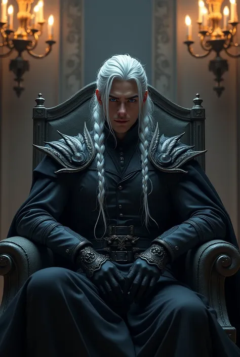 Create a handsome prince of hell, that she has long white hair in a half braid with loose strands. May he have blue eyes and a proud smile. He has on a black combat outfit and shoulder pads falling in the shape of leaves on his arms., that has a dark semi-...