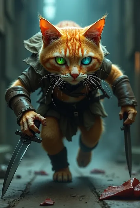 an orange zombie cat, with one green eye and one blue eye, wearing leather clothing and holding a dagger in each hand 