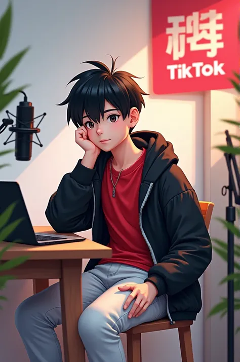 A young boy wearing a red t shirt with black jacket, and a white color trouser with full black hairs background contains a banner of TikTok sitting at front of table. Table contains a mic and a laptop