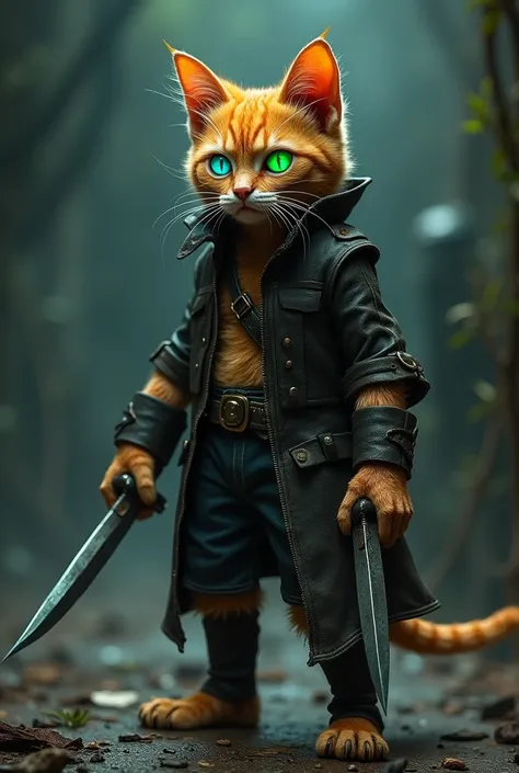 a dead orange cat alive, with one green eye and one blue eye, wearing leather clothing and holding a dagger in each hand 