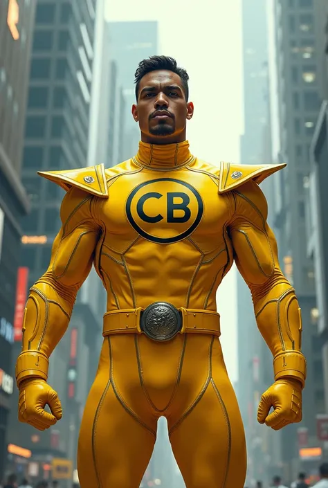 A  man with CB logo on his yellow power rangers suit