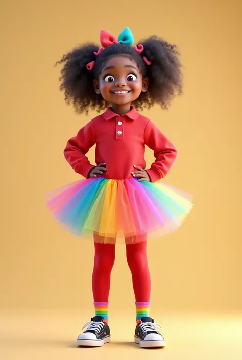 Cheerful girl standing in red long sleeve polo shirt, red pantyhose, colorful tutu skirt , rainbow colored short socks and black sneakers