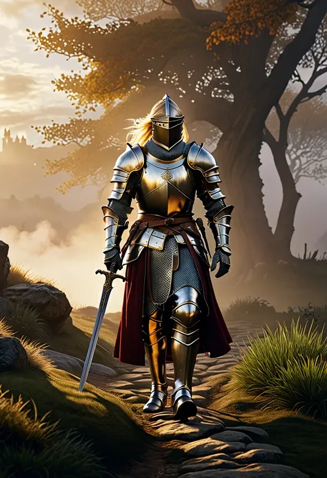 a medieval knight, walking, blonde hair, detailed armor, realistic lighting, volumetric fog, epic fantasy landscape, ornate sword, photorealistic, 8k, high quality, cinematic, dramatic, heroic pose, chiaroscuro, warm color palette