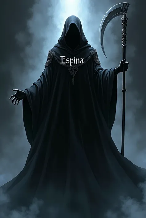 Make me a anime character wearing a black robe holding a scythe put a name at the back of the robe "ESPINA"