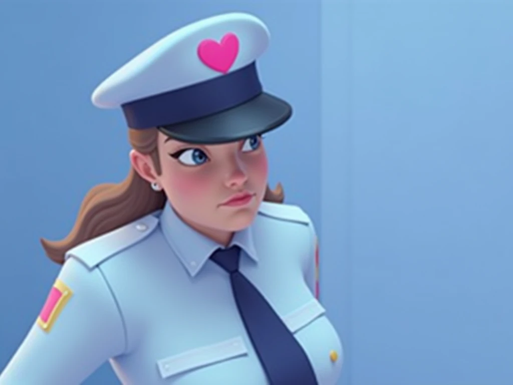 Guard with a blue outfit, a short navy blue tie, a police cap and a pink heart in the middle of the cap