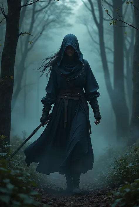 a mysterious assassin, girl in a dark forest, long dark hair, sharp sword, dark cloak, haunting atmosphere, moody lighting, cinematic composition, dramatic shadows, mist and fog, detailed texture, dark fantasy, digital art, concept art, high contrast, deep...