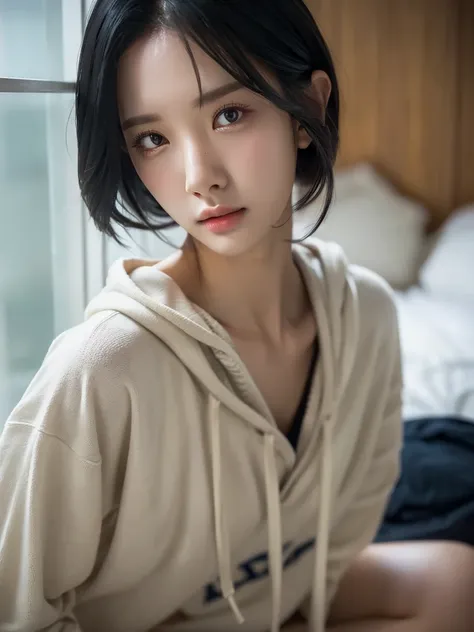 small breast, dormitory, oversized hoodie, short pants, tied hair, relaxed face, black hair, extremely detailed eyes, extremely detailed face, best quality, extremely detailed, one person, one girl, ultra-detailed, (realistic, photo-realistic:1.3)