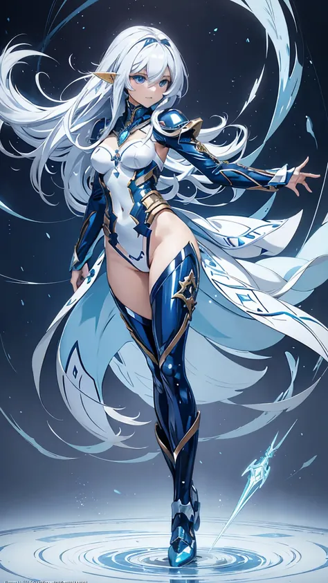 Professor Elowen Mistralight, a 2 elf woman, medium height and delicate elf with silver hair, mysterious and penetrating light blue eyes, He wears a robe with patterns of wind and water, tight light blue fabric pants, long, with navy blue riding boots, the...