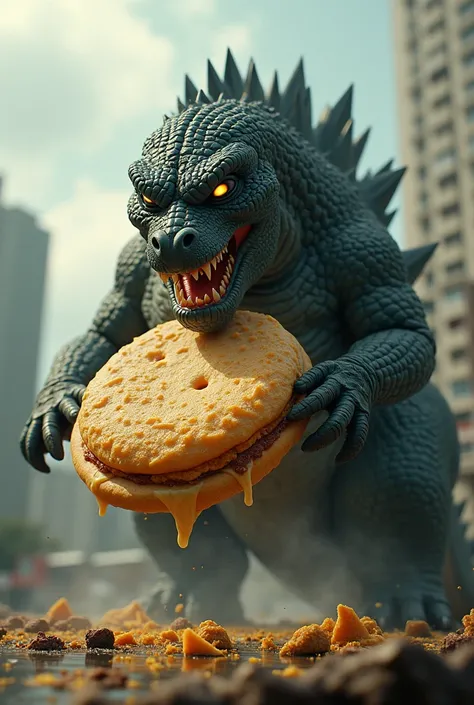 A godzilla eating arepa