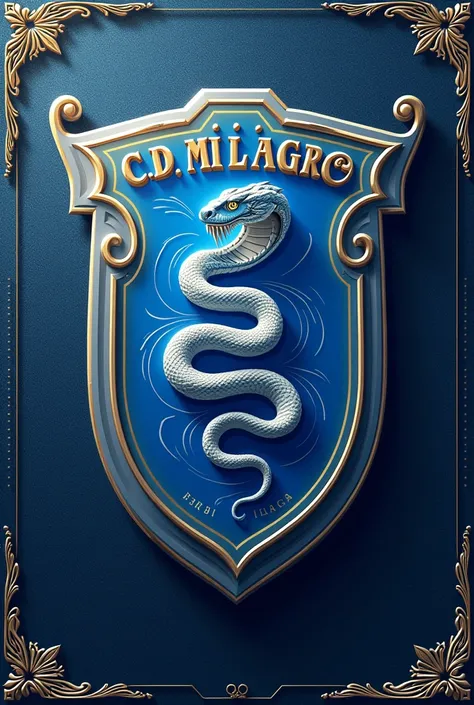 Create me a football team crest, that is beautiful replace with C.D Miracle in Spanish better designed and that says C. D MILAGRO put a snake in light blue and white  