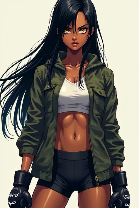 A dark skinned anime style girl with golden eyes long straight black hair shorts leggings camo jacket boots with full body MMA gloves