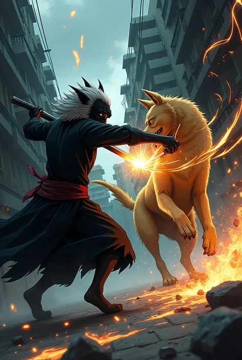 (Bleach anime) short Old Black Australian cattle dog as a soul reaper. He is fighting a slim but tall golden retriever mutt that is also a soul reaper.