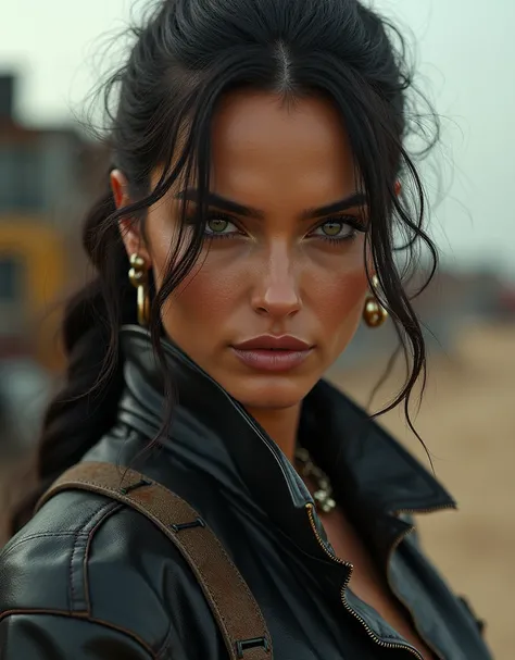 beautiful busty Adriana Lima, beautiful detailed eyes, beautiful detailed lips, extremely detailed face, extremely detailed eyes, longeyelashes, 1girl, post-apocalyptic wasteland, diesel punk, road warrior, cinematic lighting, dramatic shadows, vivid color...