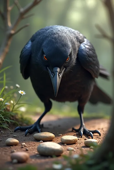 The crow saw some small stones around him., then suddenly he got an idea