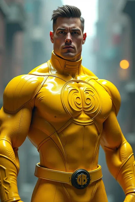 A  man with embosed CB logo on his yellow power rangers suit