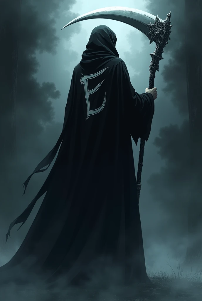 Make me a anime character wearing a black robe holding a scythe and put an  a big E mark at the back of the robe