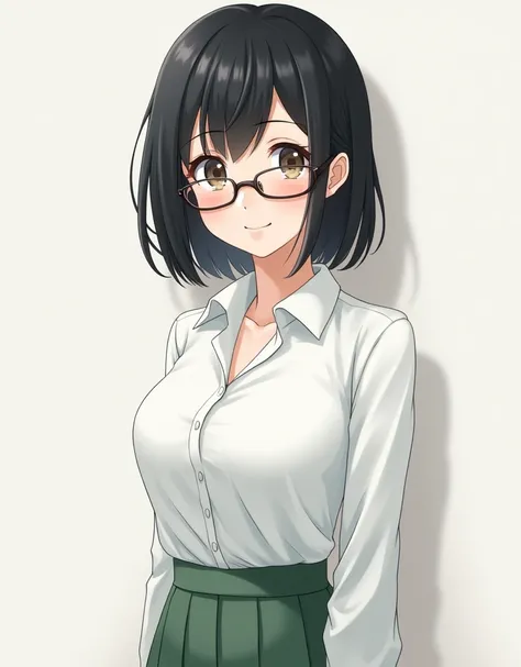 The Japanese teacher is Japanese。Shoulder-length hair。Don&#39;t be too tall，The eyes are a little small。Hair is black。
Wearing glasses。Wearing a white shirt。Wearing a green skirt。
