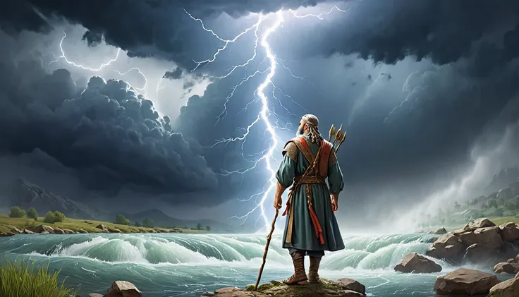 image, inspired by the cult of the prophet Elijah in the Christian tradition. Present the Prophet Elijah as a Symbol of Courage and Devotion, surrounded by thunderclouds and streams of water, symbolizing his patronage of summer thunderstorms and streams. I...