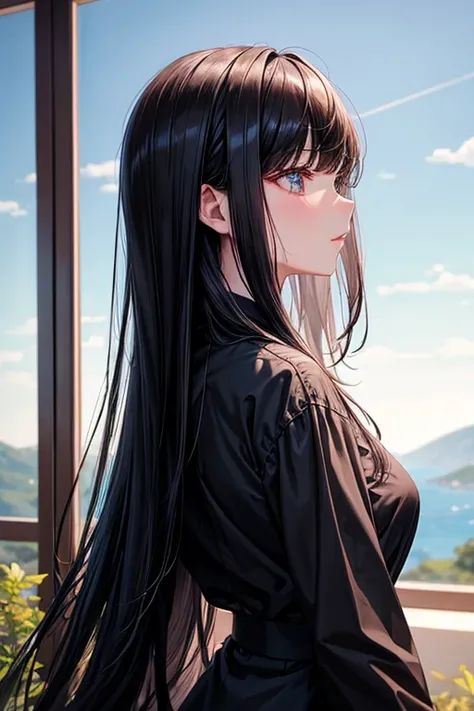 woman、bangs, Black Hair、Rear view, Character portrait, Simple Background, clear、Demure、profile、Landscape、Long Hair, Look down
