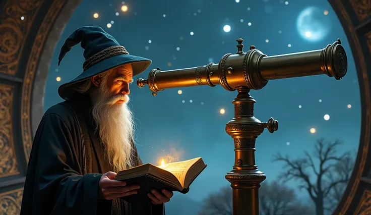 "Create an ULTRA REALISTIC image of a wizard in a celestial observatory, observing the stars and constellations through an old telescope. Ao redor dele, astrological charts float in the air, and he holds an open book with luminous symbols. The scene is ill...