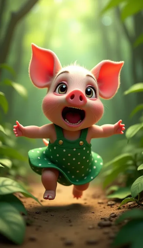 Pixar style, 3d, 1 cute frightened piglet, Wearing a green dress with white polka dots, Screaming in fear, Slide fast in the jungle, Chased by a black wolf, Game button art, game illustration, Cute digital painting, Art Art Station, official art works, Key...