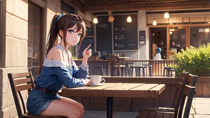 8K HD There is a girl sitting in the piazza in front of the coffee shop、There is nothing on the desktop。brown hair，blue eyes，Looking beautiful with a ponytail